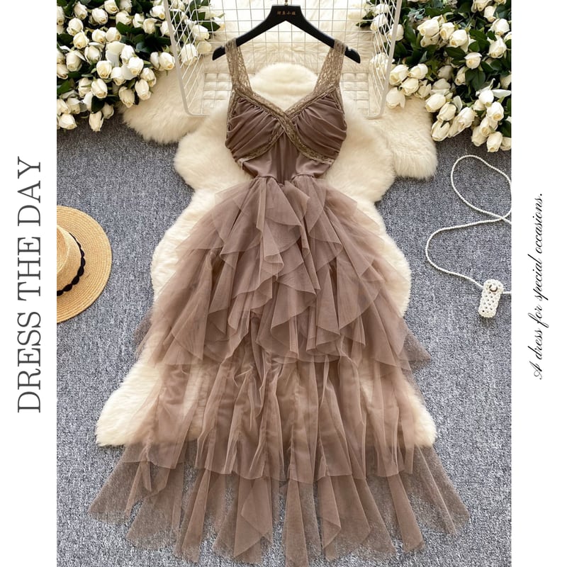 メッシュフリルスカートノースリーブドレス2色展開 D0095