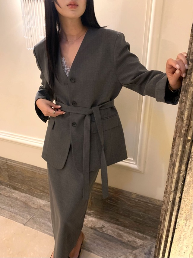 Belted No-Collar Jacket