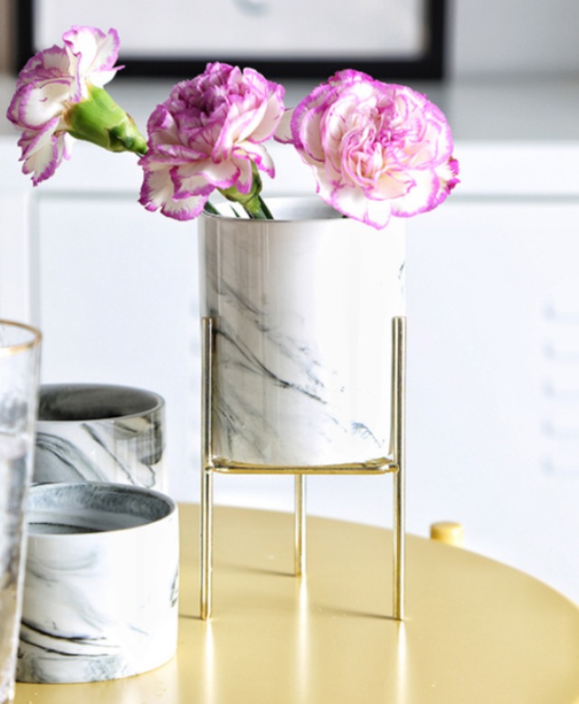 即納 Gn フラワーポット 植木鉢 フラワーベース 花瓶 おしゃれ モダン 北欧 陶器 インテリア 大理石 マーブル 大サイズ 垂直タイプ 花 小物入れ トレー Coloring Life