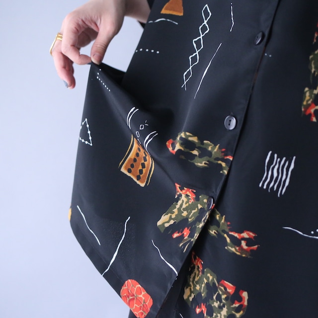 geometry art graphic pattern XXX over silhouette open collar h/s shirt