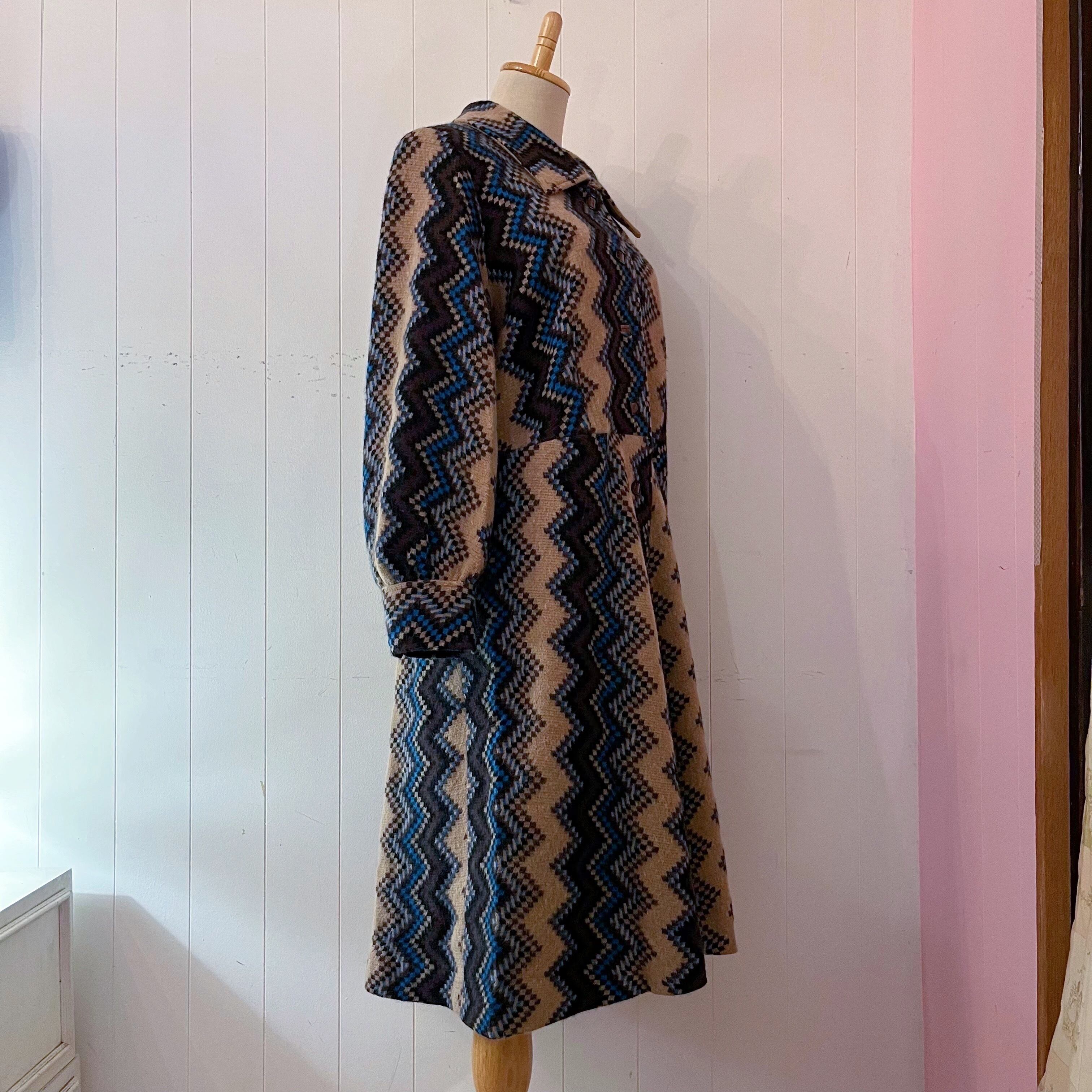 blue brown zigzag wool one-piece
