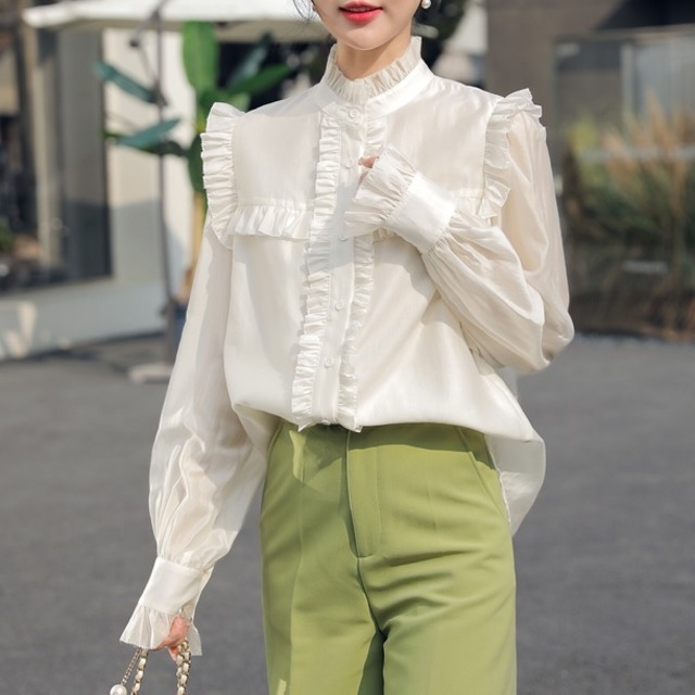 retro frill high neck blouse(4color)＜t1531＞