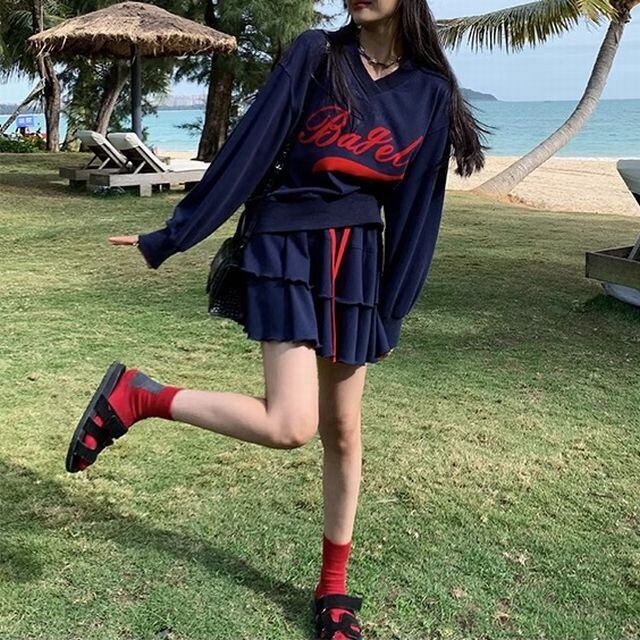 2カラー セットアップ 上下セット Vネック ロゴ トレーナー ティアード