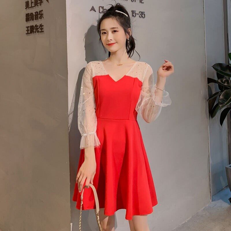 【新作】【送料無料】 授乳ドレス春バージョン気質トリム赤フレンチホットママドレス授乳 レッド スプリング 春物 AL expec386178853903