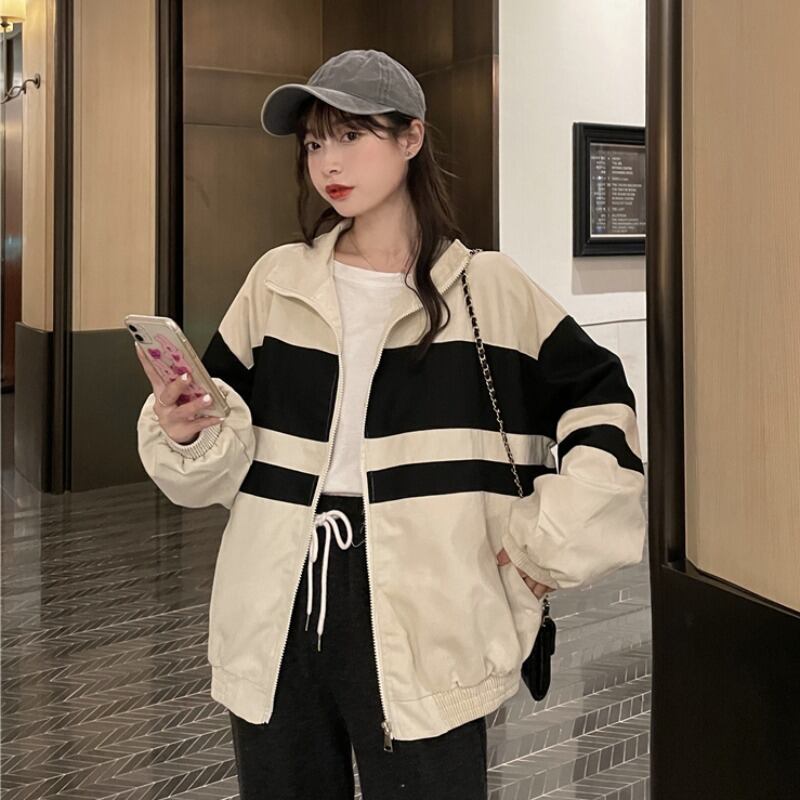スプリングオータムストライプルーズカジュアルジャケット レディース ストリート 春物 秋物 ステッチ YY-ファッション10281568978