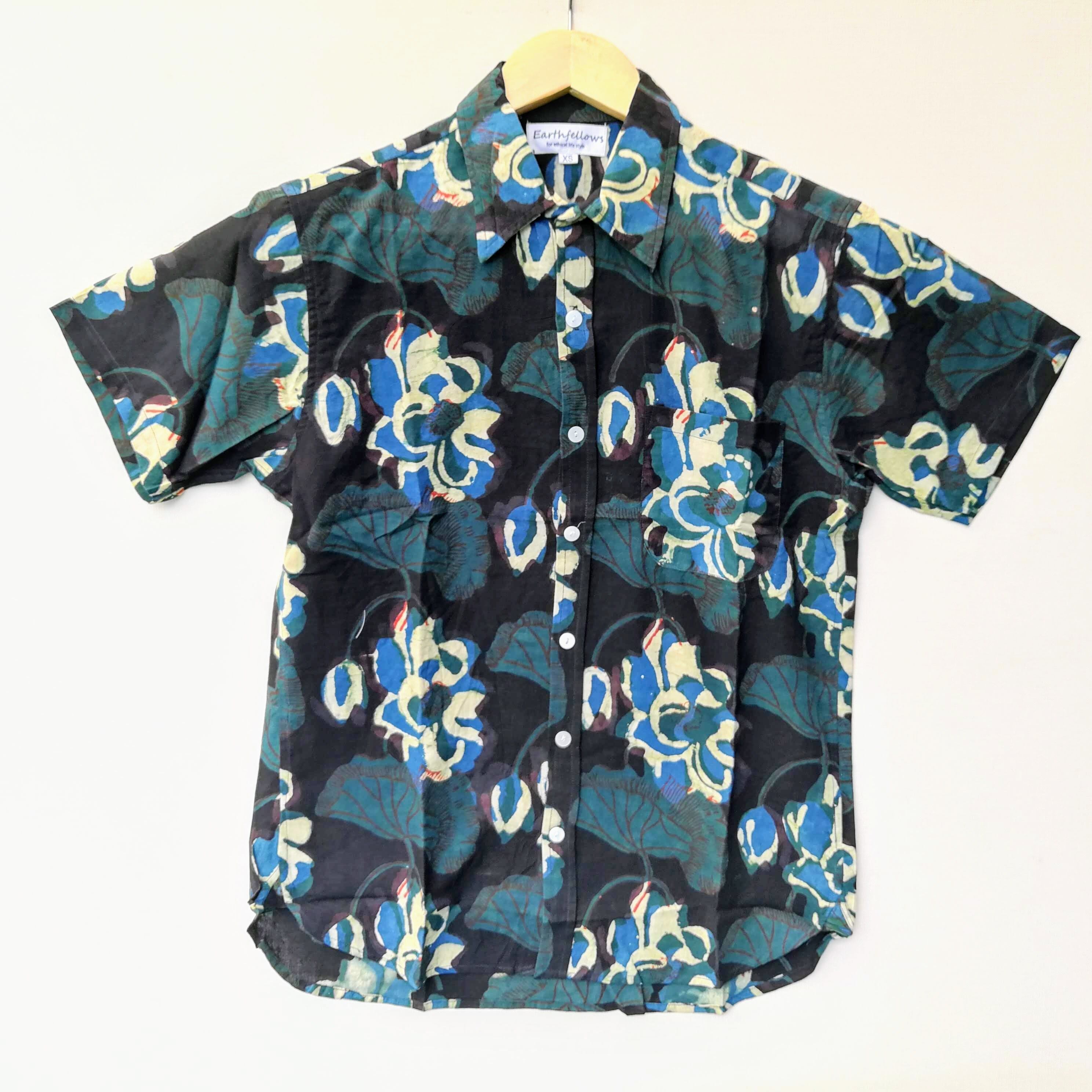 ★涼しさ抜群★オーガニックコットン草木染ブロックプリント半袖シャツ１（XS～XL）
