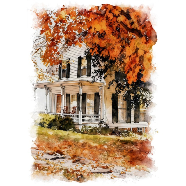 絵画 風景画(街並み) 秋 アメリカ ニューイングランド地方 マサチューセッツ州の紅葉 インテリアアート額付き 水彩画・油絵風 WAT0878