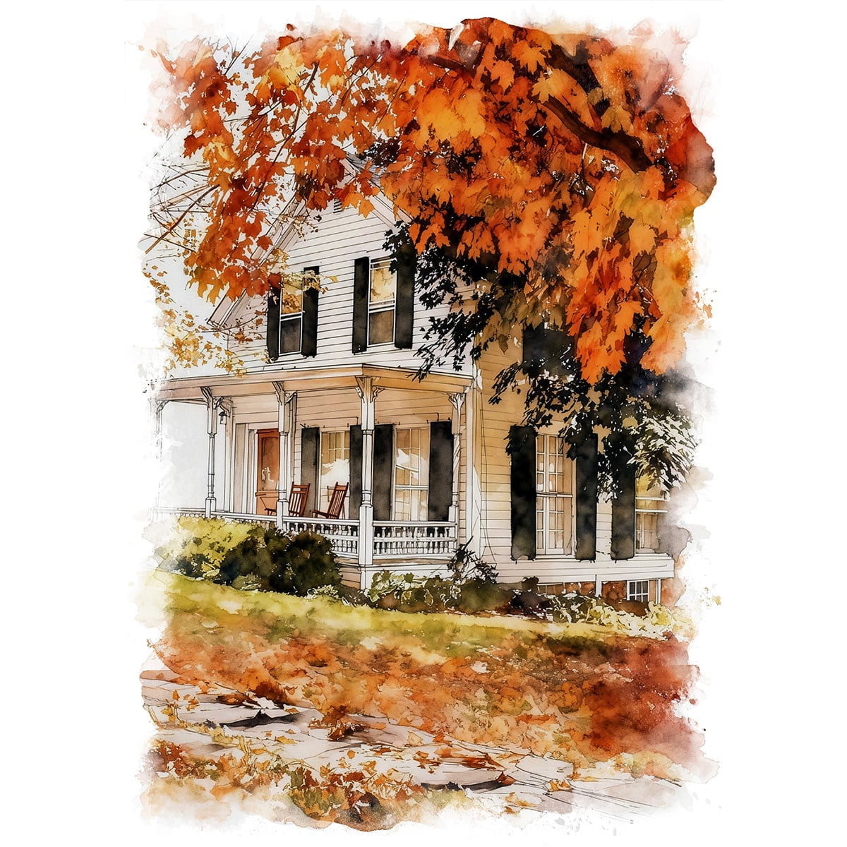 絵画 風景画(街並み) 秋 アメリカ ニューイングランド地方 マサチューセッツ州の紅葉 インテリアアート額付き 水彩画・油絵風 WAT0878