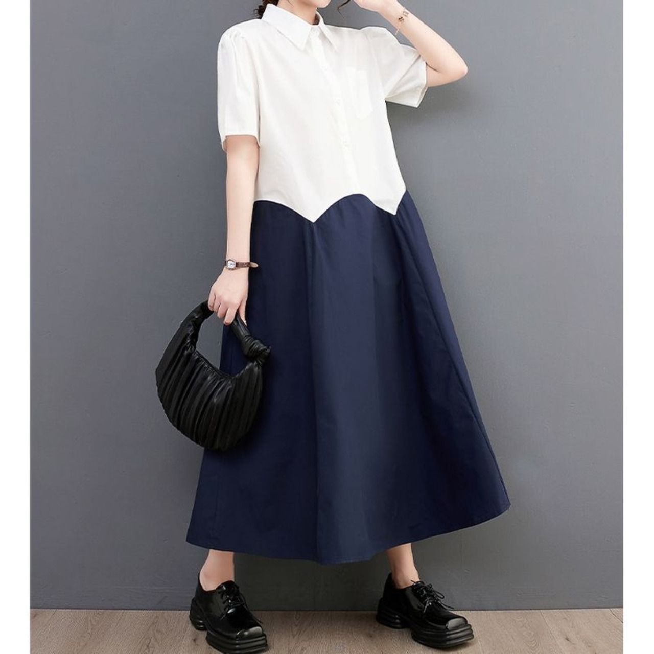 バイカラー フレア シャツワンピース  30101