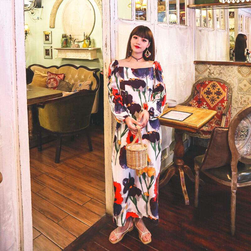 スプリングスタンダードロングスカート Flowerデザイン プリント柄エスニックスタイルカラードレス レトロ レース 春物 フラワーデザイン スクウェア 延命家ファッション19516427066