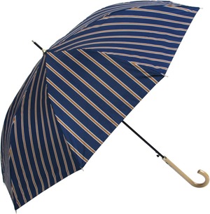 【在庫処分】ベーシックスタンダード 長傘 レディース 晴雨兼用 内側 日傘コーティング UV&遮光 99% 58cm ワンタッチ ジャンプ傘 丈夫 耐風 グラスファイバー骨 おしゃれ 木ハンドル かわいい ストライプ ネイビー