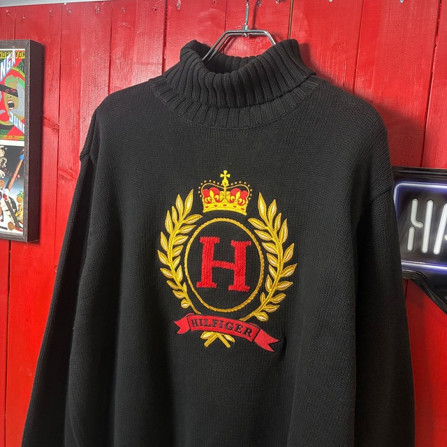 90s TOMMY HILFIGER タートルネック　刺繍ニット　コットン100% トミー