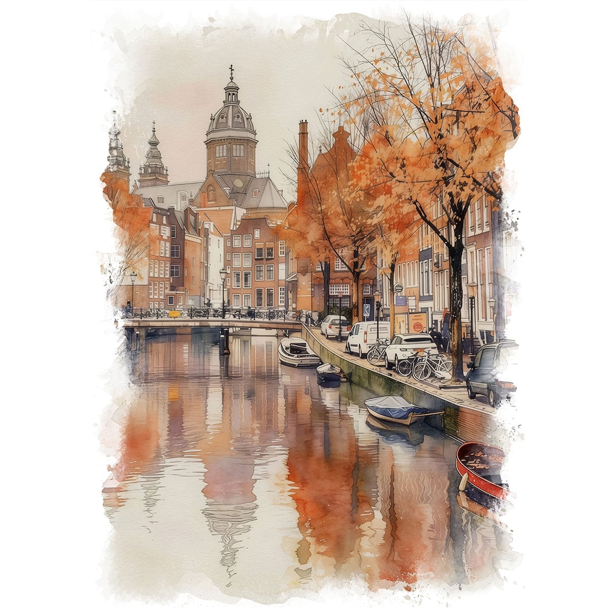 絵画 風景画(街並み) 秋のオランダ アムステルダムの紅葉 インテリア