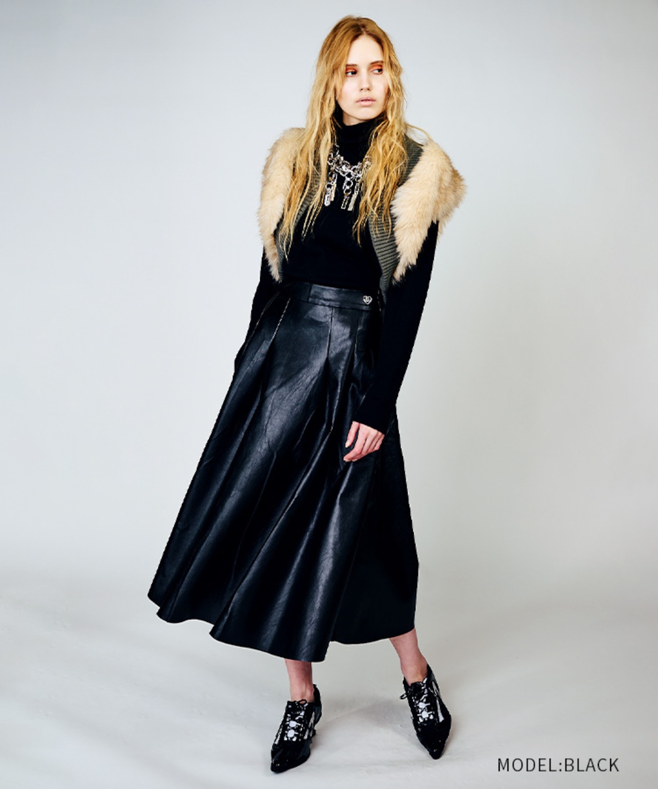 【直営限定ITEM】エコレザーフレアスカート (BLACK) CQ-47133H