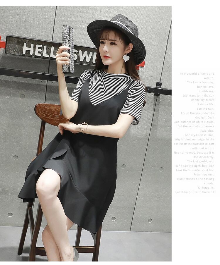 夏新商品 2点セット 半袖 Tシャツ＋無地 ボーダー キャミワンピ】 裾  