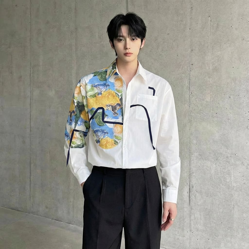 油絵風プリント アシンメトリーデザインシャツ D11670