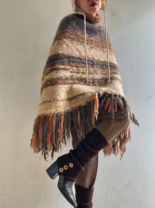 70-80s Vintage Fringe Knit Poncho