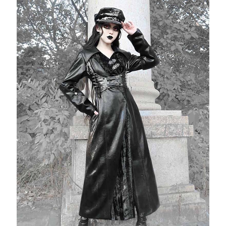 BLOOD ロング ジャケット コート 長袖 PUレザー 十字架 チャーム 暗黒