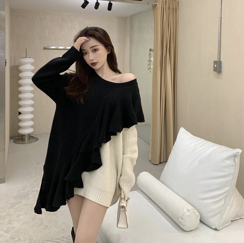 セーター ルーズニットコート オータムウィンタートップス 秋物 冬物 ステッチ ブラックストロベリース54523450050