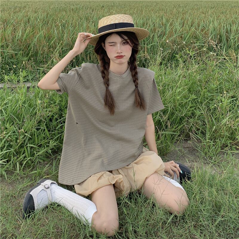 サマースタンダード格子柄ウェストシャツ ハイウェスト レトロ 夏物 YY-ファッション44497350739