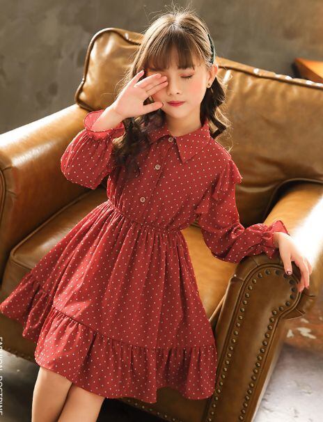 ドット柄 シフォン シャツ ワンピース 110 150cm 赤 フリル 春服 長袖 ガーリー 女の子 可愛い Aライン フレア スカート 19s S 韓国 子供服 P065 A Dear Child