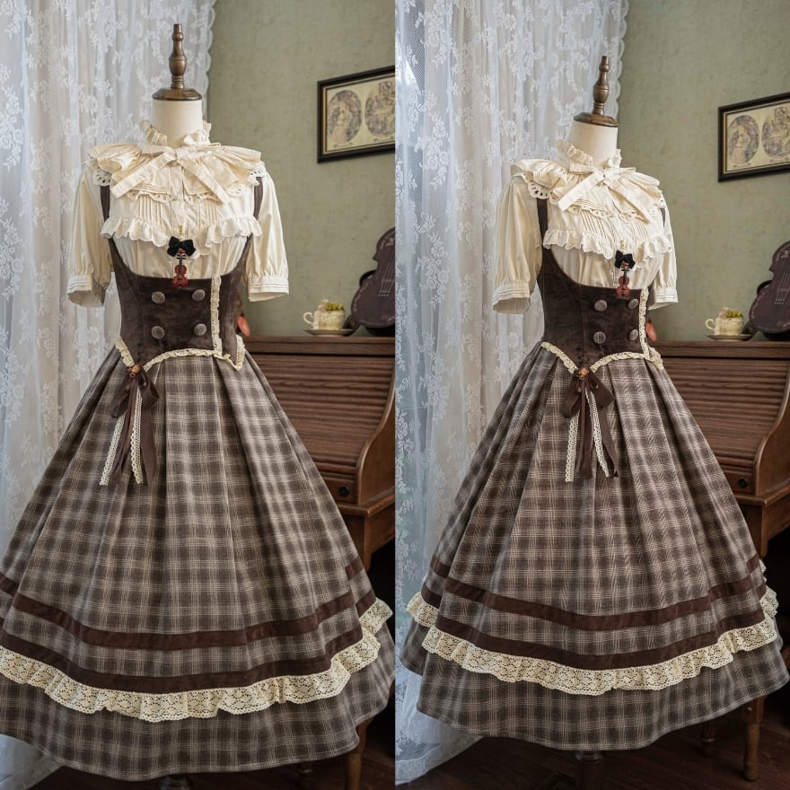 気品漂うブラウンチェック｜コルセット風ウエストと裾レースで理想の