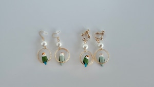 リング乗りコザクラインコ(シーグリーン)コットンパール付ピアス・イヤリング