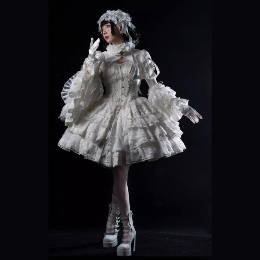 ゴスロリ 重厚ジャガード多段フリルドレス コルセット仕様 黒白｜納期4