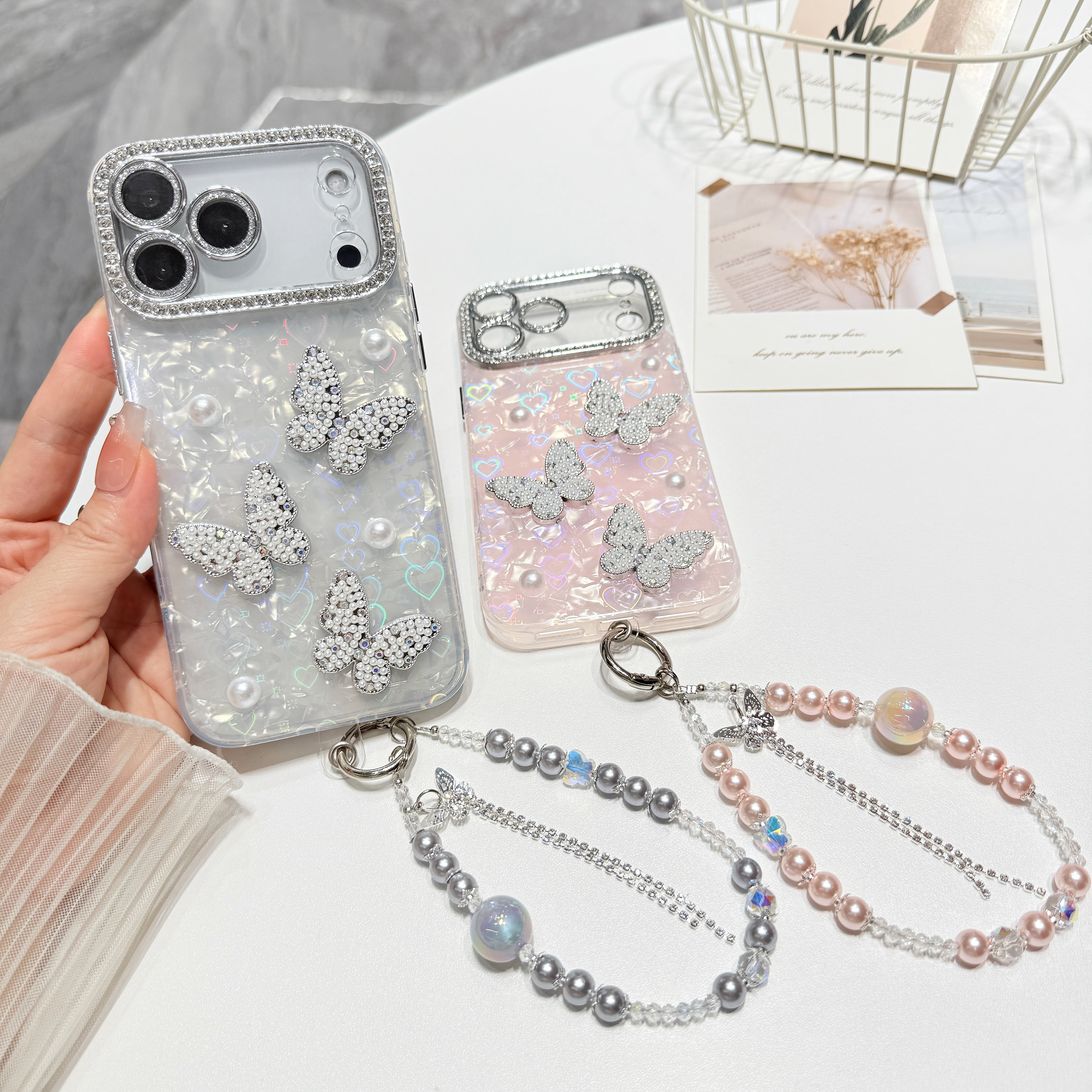 シェル柄 蝶々 iPhone 17 16 15 14 13 ケース パール ストラップ付