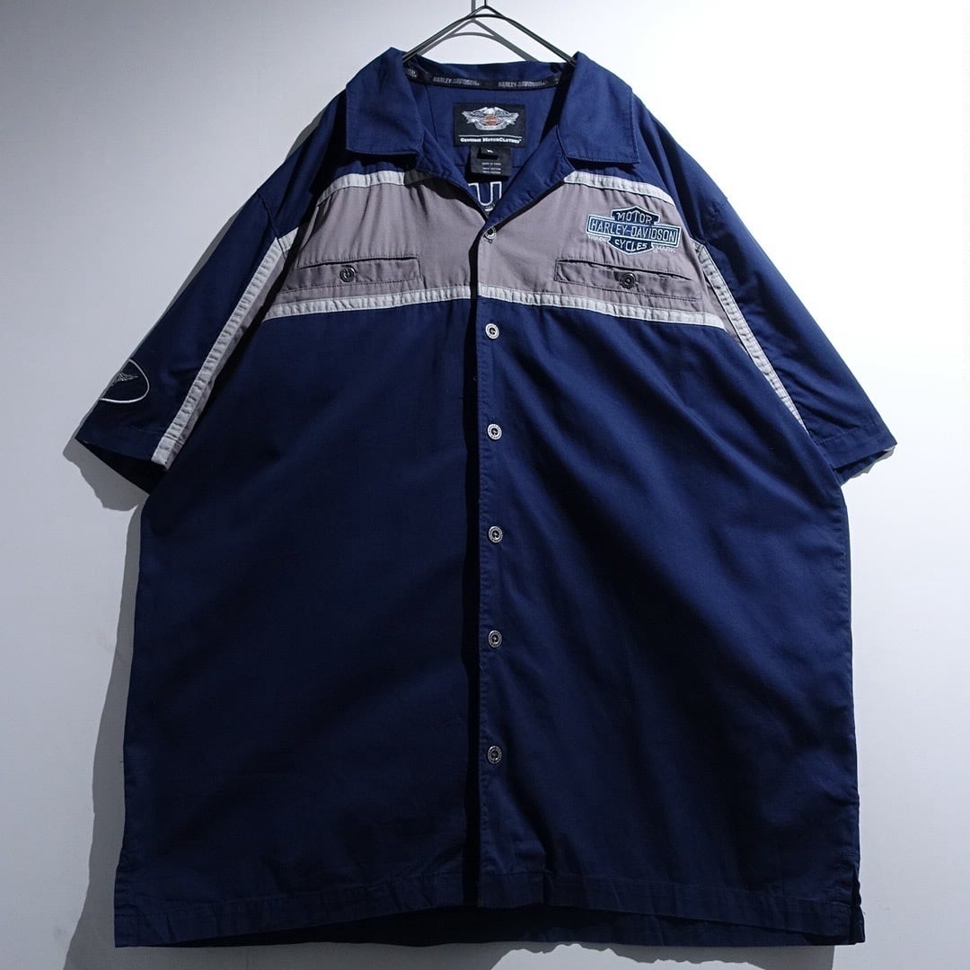"Harley-Davidson" Navy Logo Embroidery Design Work Shirt