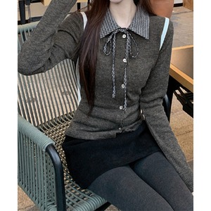 チェックカラー リボン ニット 長袖 レディース 春秋 韓国 リブニット きれいめ 大人 かわいい おしゃれ チェックリボン ガーリー フェミニン 重ね着風 レイヤード 大人可愛い 大人女子