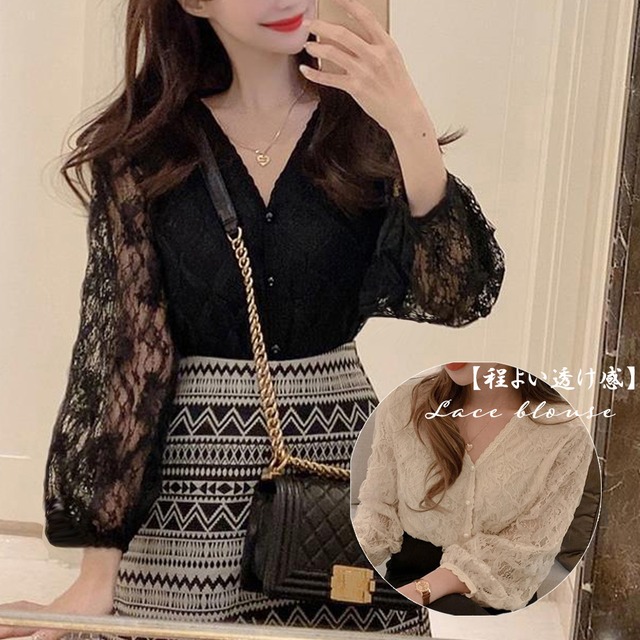 レースブラウス レディース九分袖Vネック