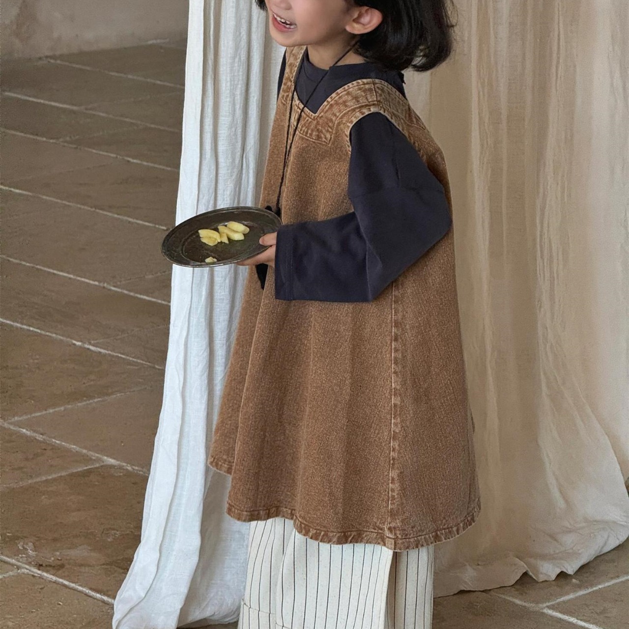 秋レトロ銅色デニムサンドレス