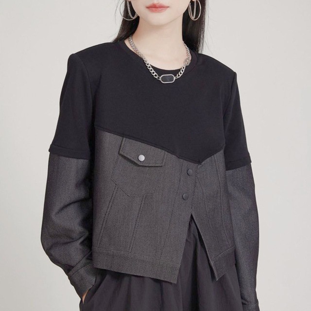Bicolor denim switch design sweat top C0935