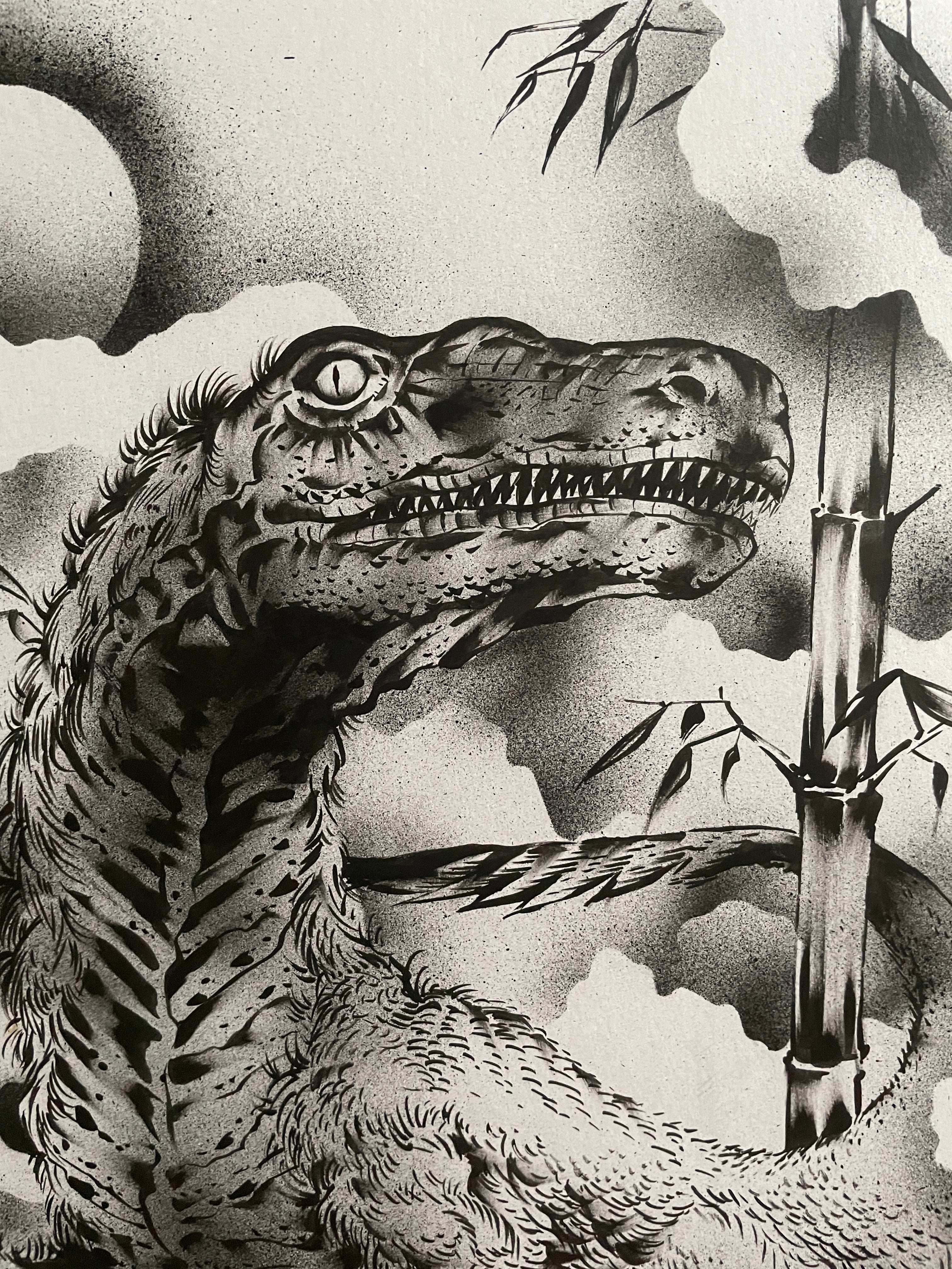 墨画【竹竜月光図〜ヴェロキラプトル〜】額装付 | Yasunori Kimata