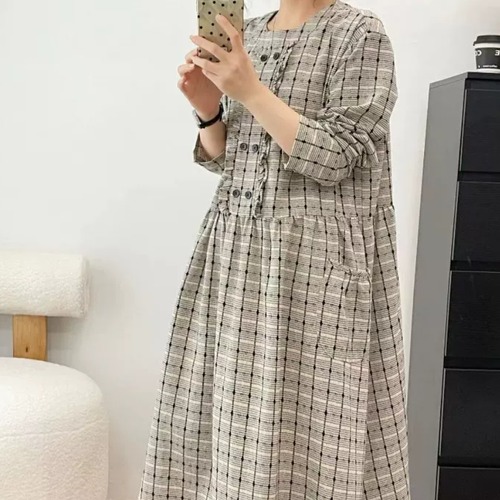 2色／チェック柄フロントボタンワンピ ・12717