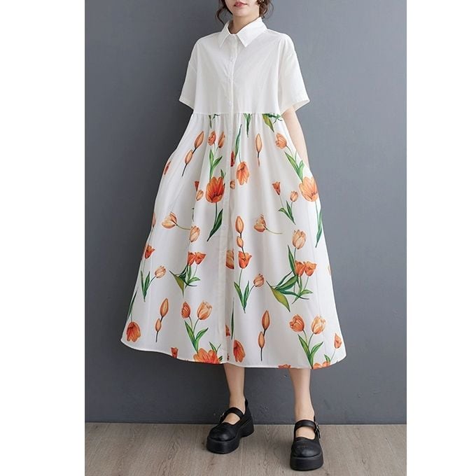 FLOWER PRINT HALF SLEEVES A-LINE MIDI SHIRT DRESS 2colors M-9215