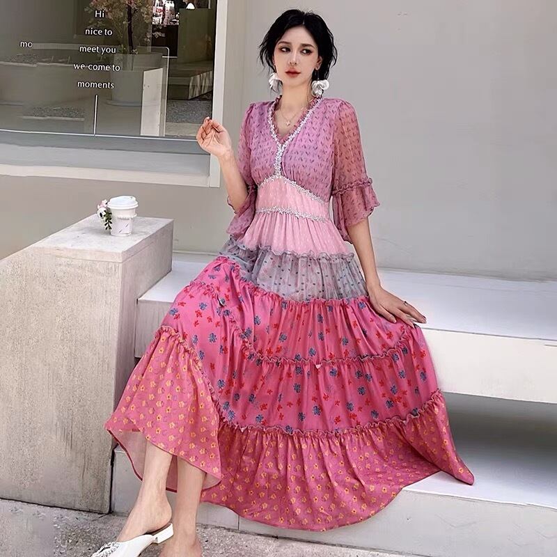 ワンピース グラデーション ピンク 赤 緑 ワンピース ガーリー ライン