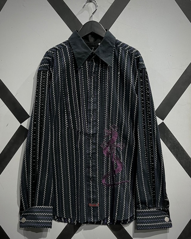 【X VINTAGE】“Fender” Sword × Snake Embroidery L/S Stripe Shirt