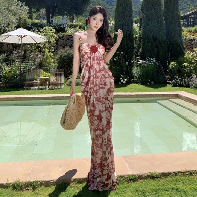 【SummerVacationシリーズ】ワンピース 花柄 細見え ホリデー 配色 おしゃれ S M L