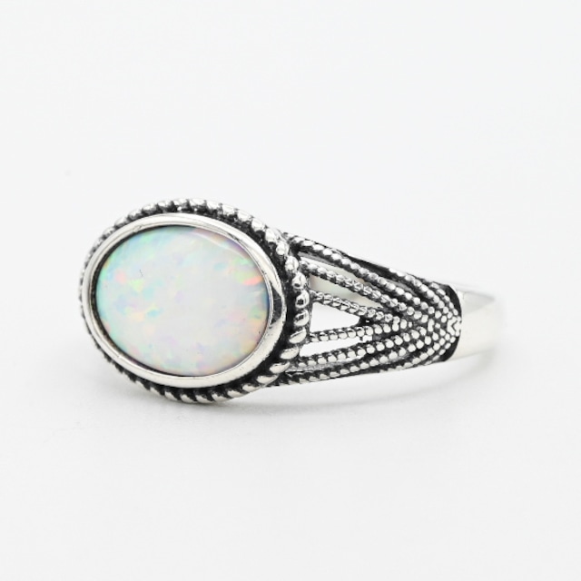 White Opal Accent Graceful Arm Design Ring #14.5 / Denmark