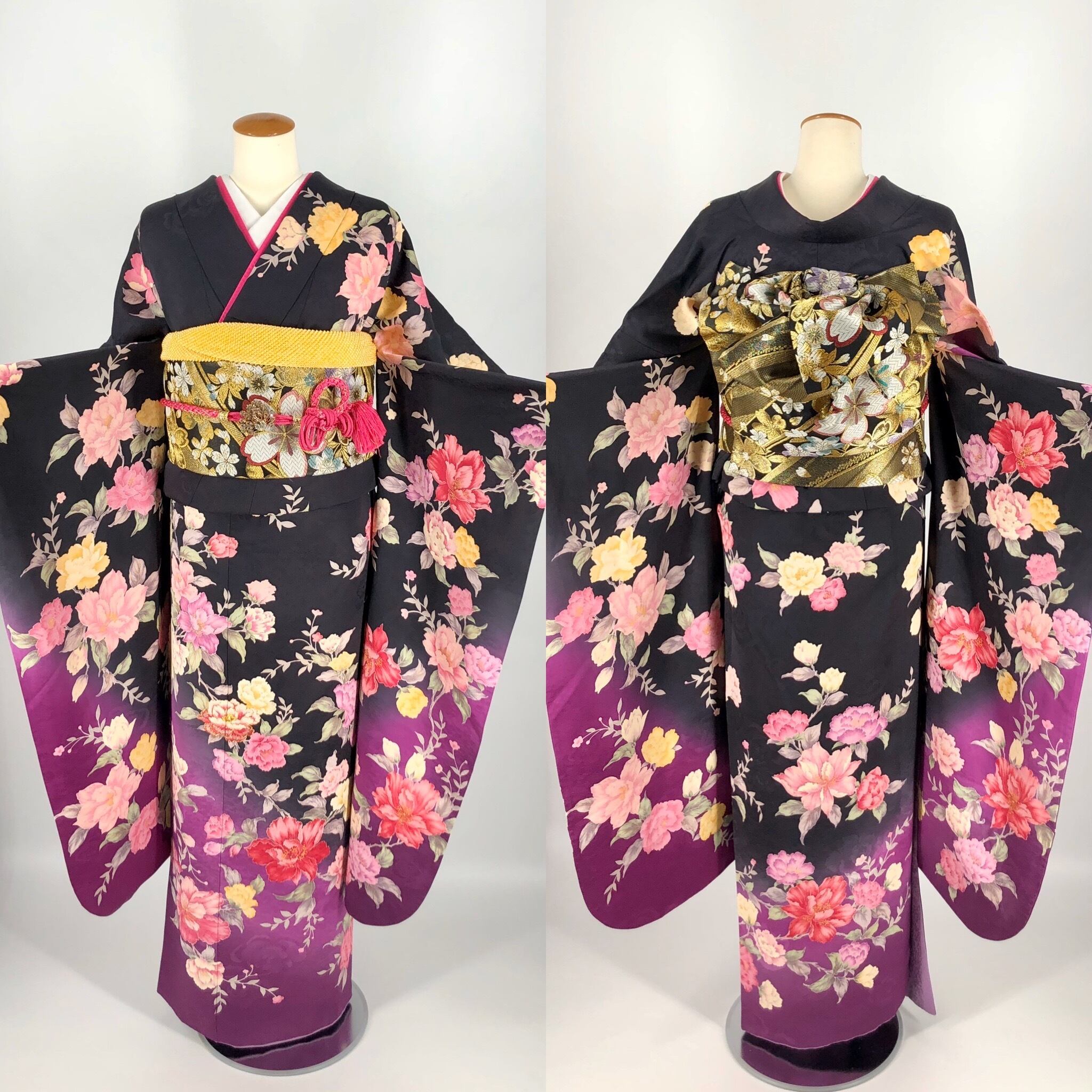 専用です☆黒紫に牡丹の花の着物に薄紫シルバーのだらり 専用です☆黒紫に牡丹の花の着物に薄紫シルバーのだらり
