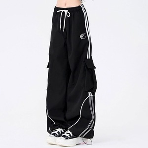 カーゴ パンツ レディース Y2K 韓国風 サイドライン トラックパンツ ワイド イージー パンツ ウエストゴム ドローコード バルーン 体型カバー 着やせ ストリート ダンス 衣装 [LS-CGP035]