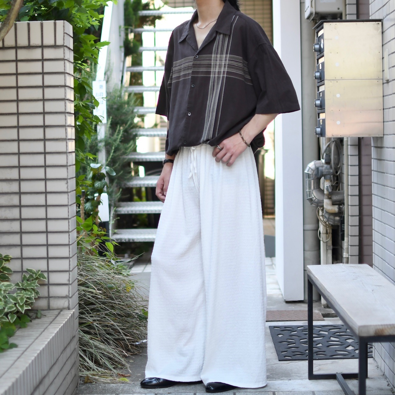 rayon blend seersucker wide easy pants white