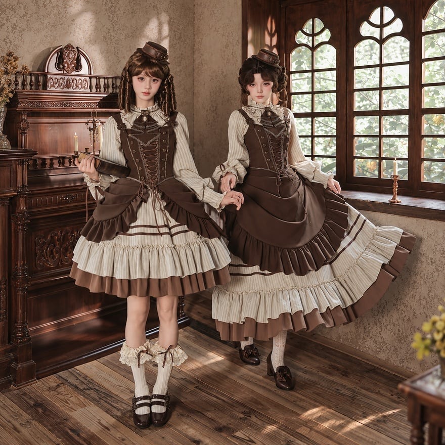 ゴスロリ ロリータ ストライプ柄 ワンピース セットアップ 秋の琥珀時間 ストライプワンピクラシカルロリータ5点セット｜ミニ丈