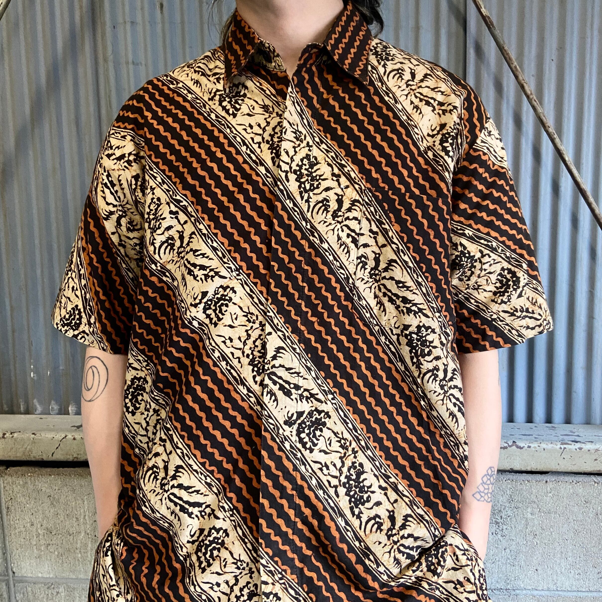 BOGEM ネイティブデザイン 総柄シャツ メンズXL 古着 ブラウン系 茶色