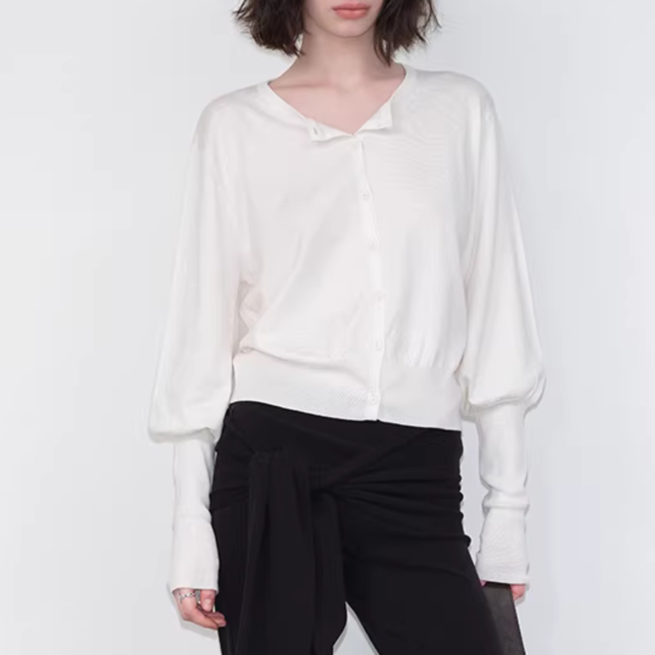 華奢見え パフスリーブ  クルーネックニット カーディガン 00191・画像2