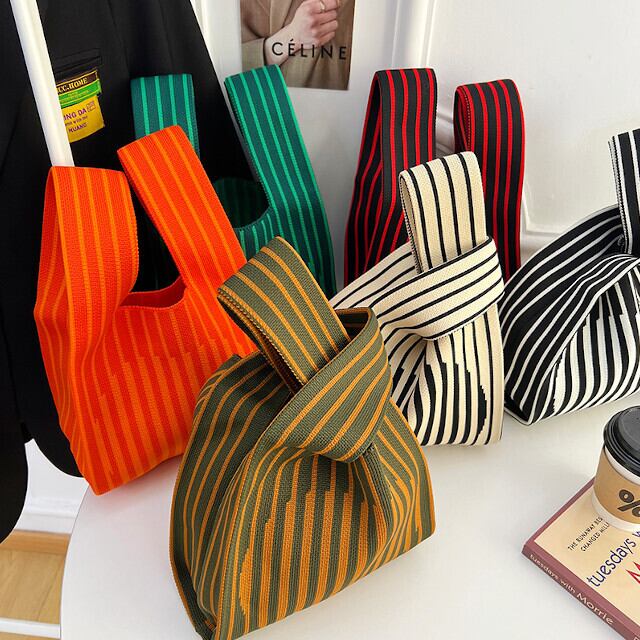 バッグ トートバッグ レディース 鞄 ニット ミニバッグ かわいい ストライプ カジュアル お出かけ 小物入れ カラバリ豊富 グリーン/オレンジ/レッド/ベージュ/アーミー/ブラック