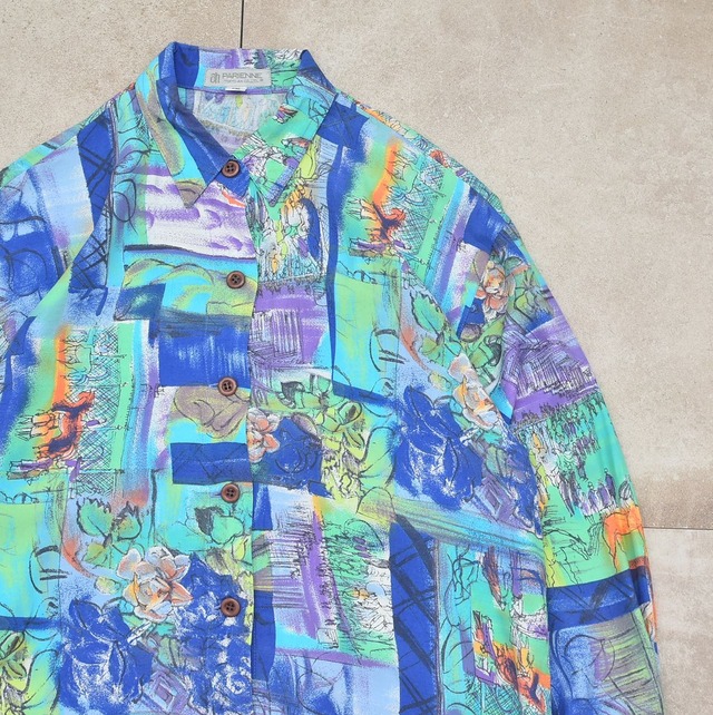 Jp vtg watercolor painting rayon shirt