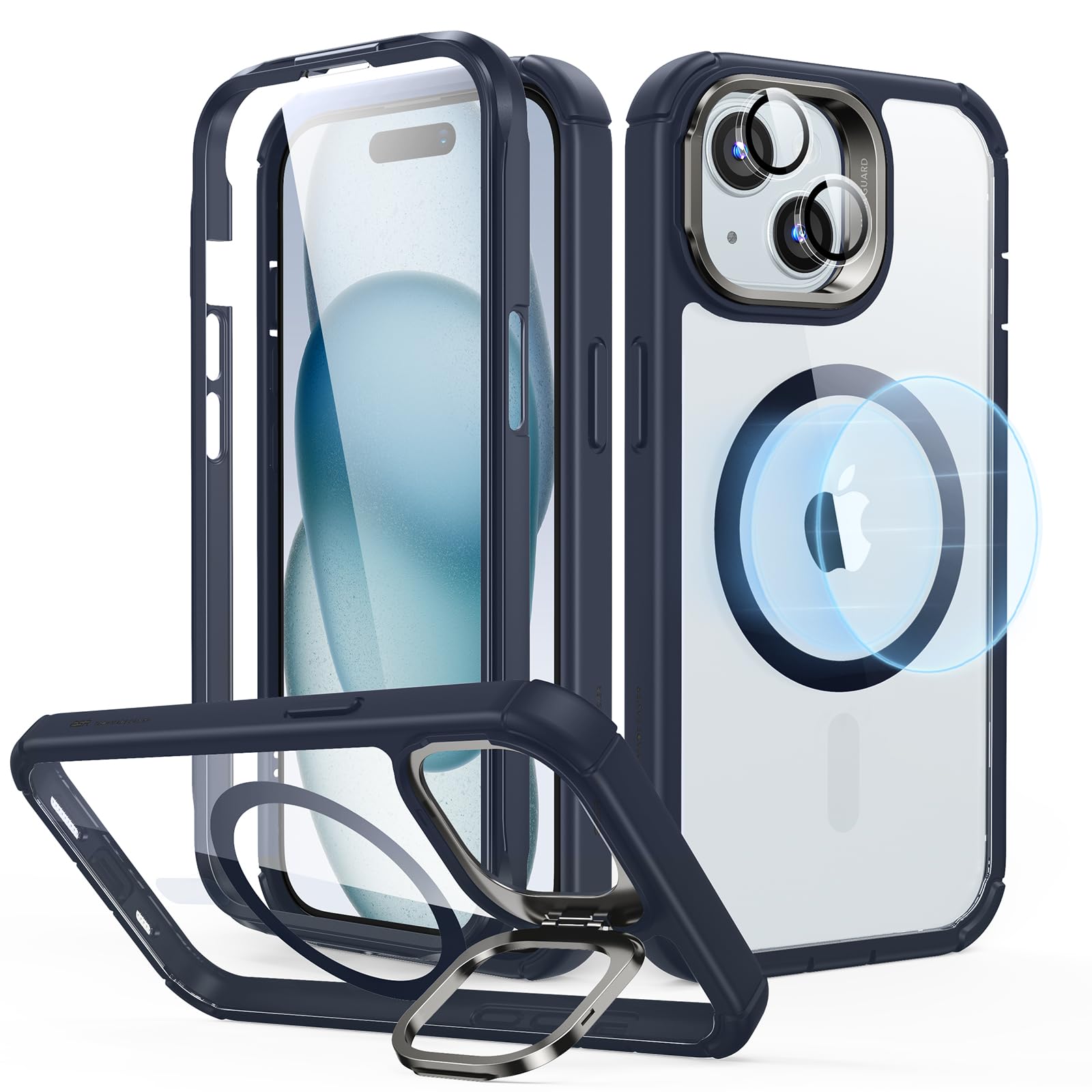 【米軍MIL規格超え保護】ESR iPhone 15 ケース 耐衝撃 MagSafe対応 レンズスタンド内蔵 iPhone15 ケース マグネット 360°全面保護 いphone15用 ワイヤレス対応 クリアブルー